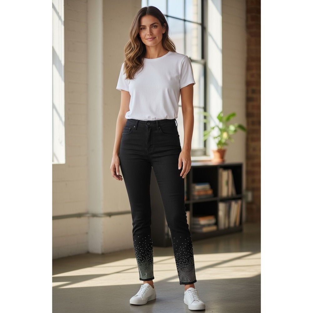 Jen7 High Waist Skinny Jeans Black Rhinestone‎ Embellished Size 0 NWT